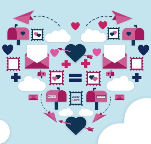 2023 Gov Love Campaign collage of postage stamps, mailboxes, hearts, and paper airplanes in the clouds.