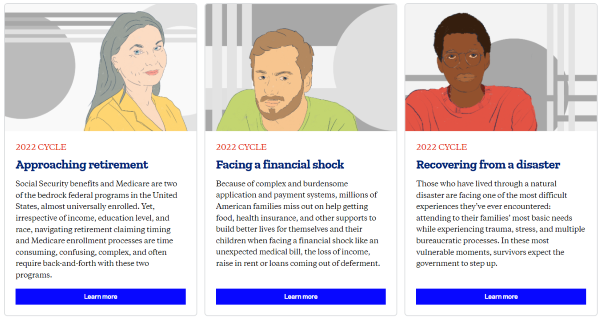 Graphic illustrating three of the life experiences projects: approaching retirement, facing a financial shock, and recovering from a disaster.