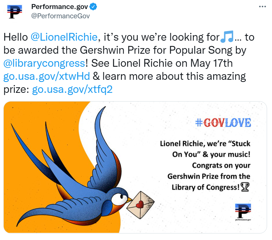 Image of a tweet with text: Hello @LionelRichie, it's you we're looking for....to be awarded the Gershwin Prize for Popular Song by @librarycongress! See Lionel Richie on May 17th & learn more about this amazing prize and a social card