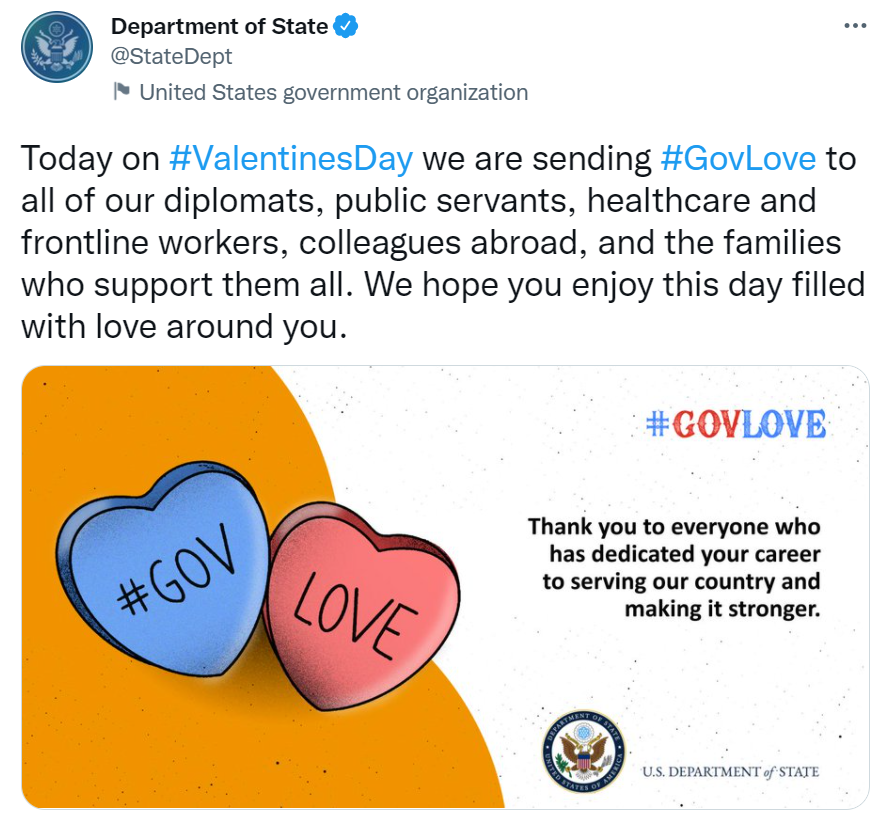 Image of a tweet with text: Today on #ValentinesDay we are sending #GovLove to all of our diplomats, public servants, healthcare and frontline workers, colleagues abroad, and the families who support them all. We hope you enjoy this day filled with love around you. and a social card