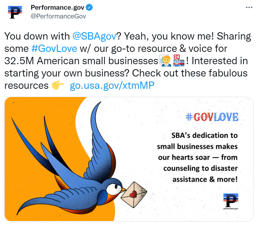 Image of a tweet with text: You down with @SBAgov? Yeah, you know me! Sharing some #GovLove w/ our go-to resource and voice for 32.5M American small businesses! Interested in starting your own business? Check out these fabulous resources: and a social card