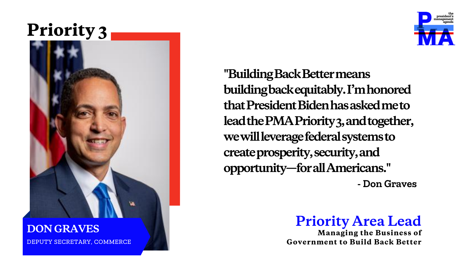 Social card of Don Graves with text: Building Back Better means building back equitably. I'm honored that President Biden has asked me to lead the PMA Priority 3, and together, we will leverage federal systems to create prosperity, security, and opportunity -- for all Americans.