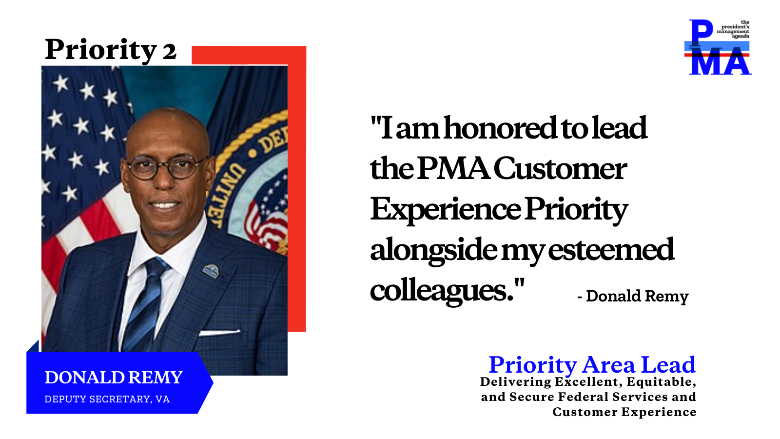 Social card of Donald Remy with text: I am honored to lead the PMA Customer Experience Priority alongside my esteemed colleagues.