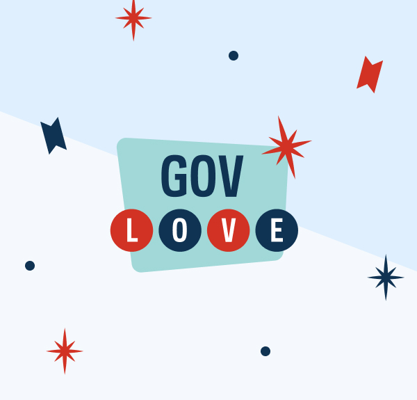 Performance.gov’s GovLove 2024 graphic logo with midcentury modern design. The blue and white background features playful polka dots and sparkles.