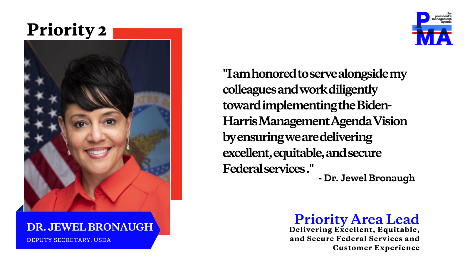 Social card of Dr. Jewel Bronaugh with text: I am honored to serve alongside my colleagues and work diligently toward implementing the Biden-Harris Management Agenda Vision by ensuring we are delivering excellent, equitable, and secure Federal services.