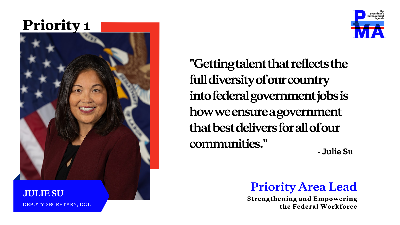 Social card of Julie Su with text: Getting talent that reflects the full diversity of our country into federal government jobs is how we ensure a government that best delivers for all of our communities.