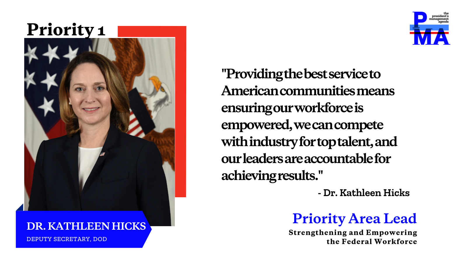 Social card of Dr. Kathleen Hicks with text: Providing the best service to American communities means ensuring our workforce is empowered, we can compete with industry for top talent, and our leaders are accountable for achieving results.