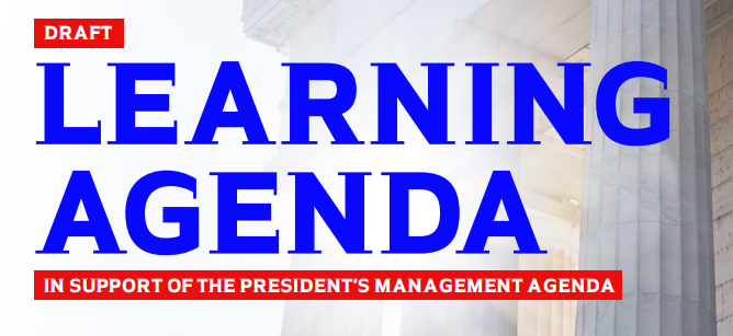 Screenshot of the PMA Learning Agenda that reads Draft Learning Agenda in Support of the President's Management Agenda with pillars in the background.