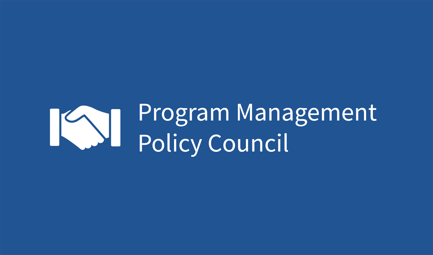 Program Management Policy Council logo against a blue bakground.