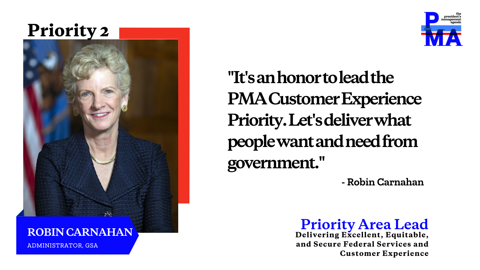Social card of Robin Carnahan with text: It's an honor to lead the PMA Customer Experience Priority. Let's deliver what people want and need from government.