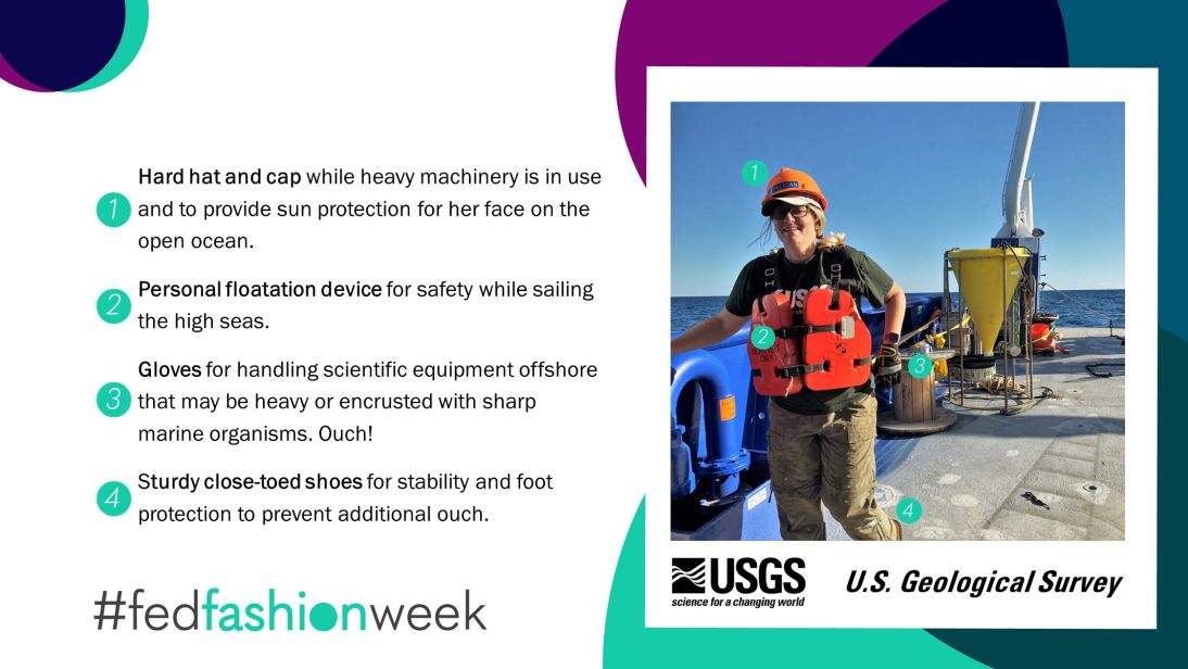 Image with text - Graphic with numbers - USGS scientist Catilin Reynolds on a boat - 1, hard hat and cap while heavy machinery is in use and to provide sun protection for her face on the open ocean. 2, personal floatation device for safety while sailing the high seas. 3, gloves for handling scientific equipment offshore that may be heavy or encrusted with sharp marine organisms. Ouch! 4, sturdy close-toed shoes for stability and foot protection to prevent additional ouch.