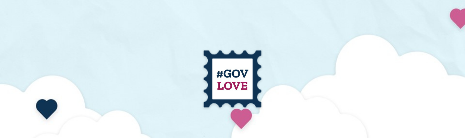 2023 Gov Love Campaign logo insight postage stamp with clouds and hearts banner image.