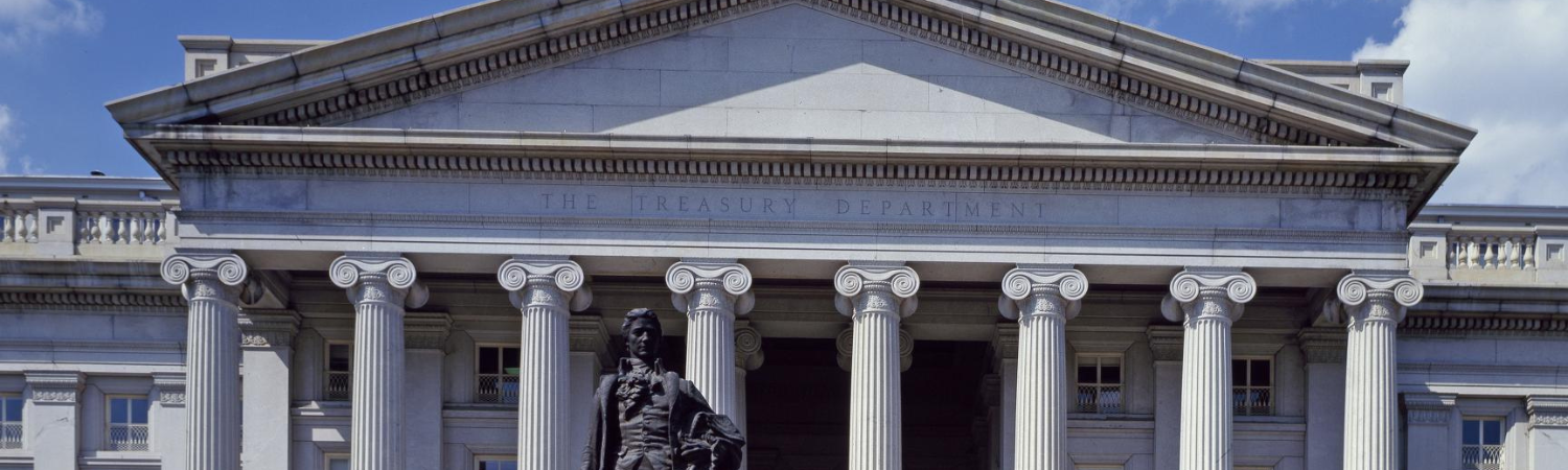 Image of the front facade of the Treasury Department.