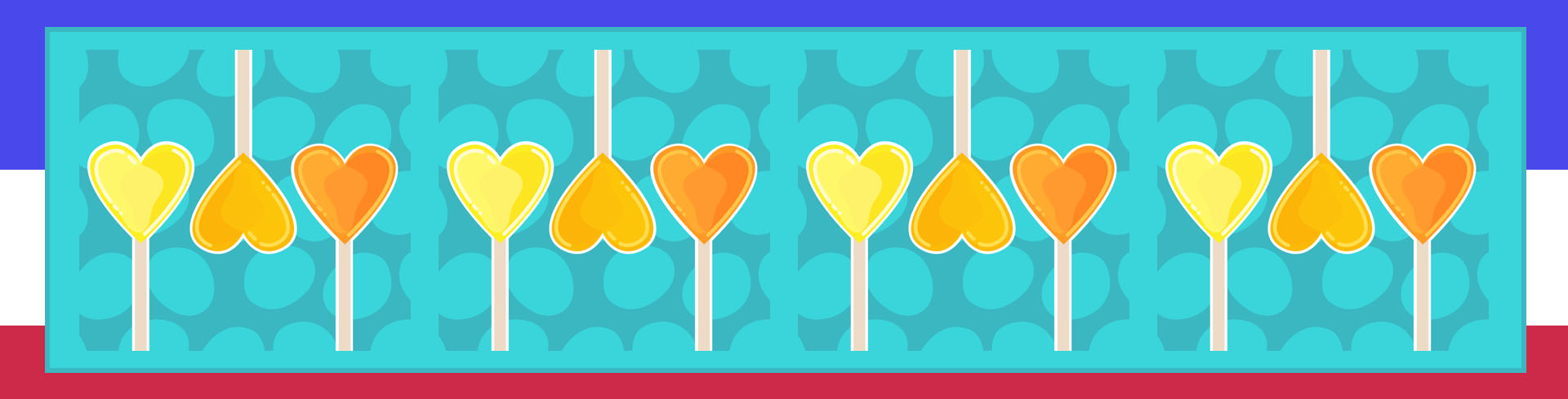 Three candy hearts against a blue background.