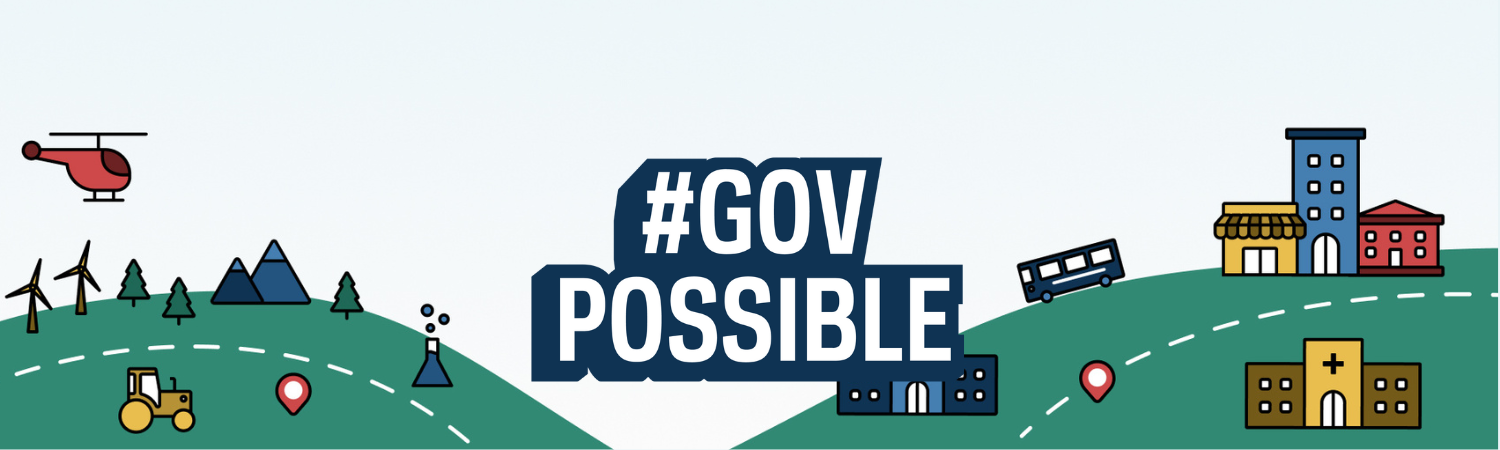 #GovPossible 2024 logo, rolling hills and buildings representing forms of government: agriculture, medicine, business, communication, and travel.