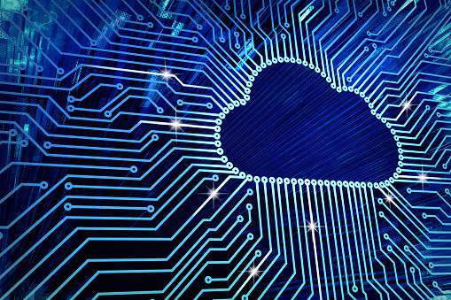 Photo of a cloud against a technology back drop.