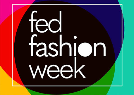 the words fed fashion week on a red, yellow, dark blue and green background