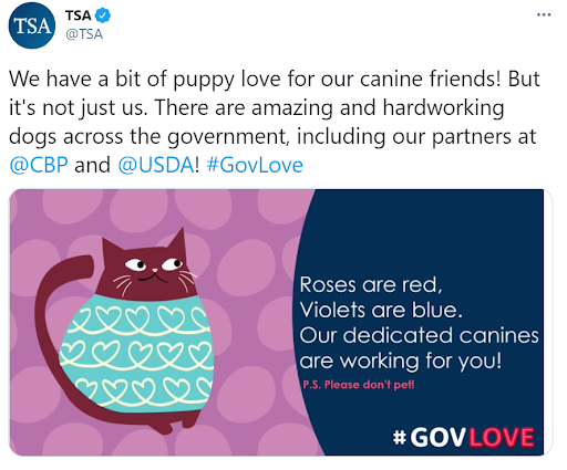 Image of a tweet with text: We have a bit of puppy love for our canine friends! But it's not just us. There are amazing and hardworking dogs across the government, including our partners at CBP and USDA