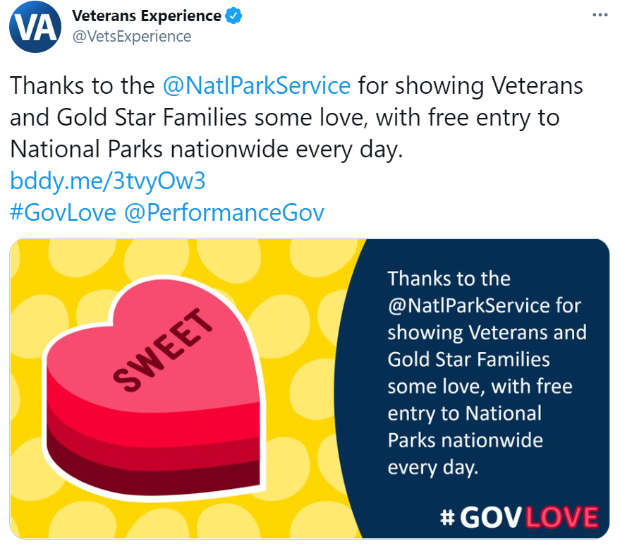 Image of a tweet with text: thanks to the national park service for showing veterans and gold star families some  love, with free entry to national parks nationwide everyday.