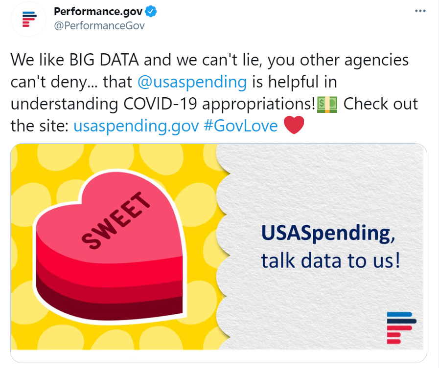 Image of a tweet with text: we like big data and we can't lie, you other agencies can't deny... that usaspending is helpful in understanding covid-19 appropriations! Check out the site: usaspending.gov