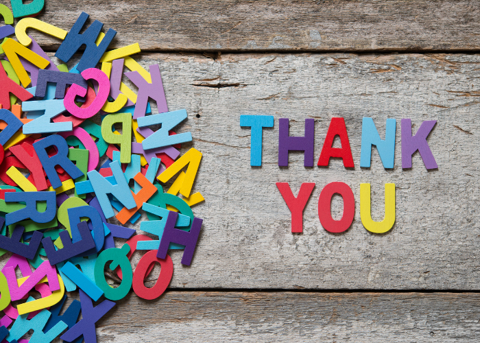Photo of colorful letters spelling out thank you