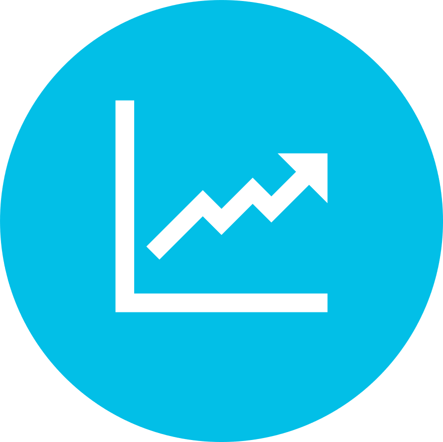 White icon on blue background of graph line trending upwards